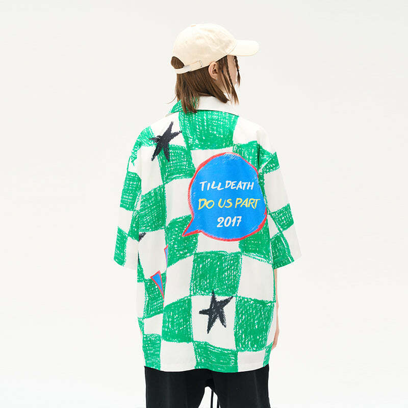 HARSH and CRUEL Checkered Button-Up - Y2K Grunge 90s Fashion, Retro Summer Outfit, Gothic Y2K Style