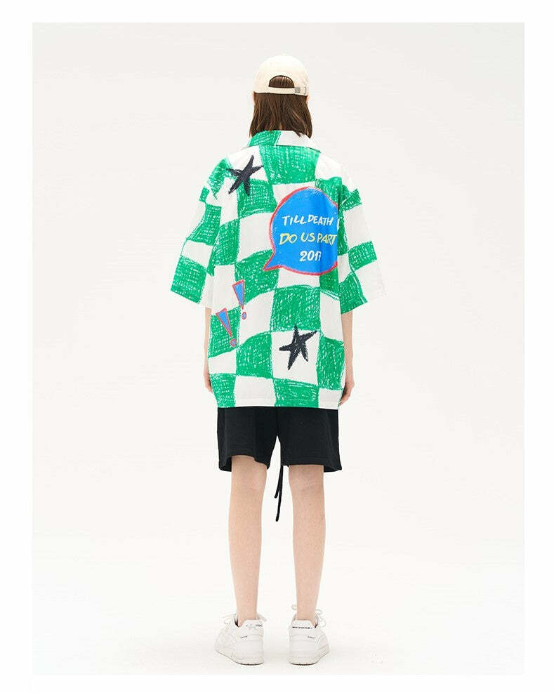 HARSH and CRUEL Checkered Button-Up - Y2K Grunge 90s Fashion, Retro Summer Outfit, Gothic Y2K Style