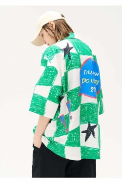 HARSH and CRUEL Checkered Button-Up - Y2K Grunge 90s Fashion, Retro Summer Outfit, Gothic Y2K Style