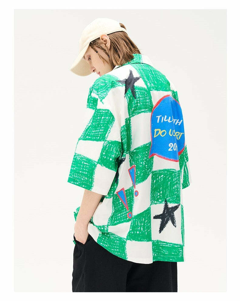 HARSH and CRUEL Checkered Button-Up - Y2K Grunge 90s Fashion, Retro Summer Outfit, Gothic Y2K Style