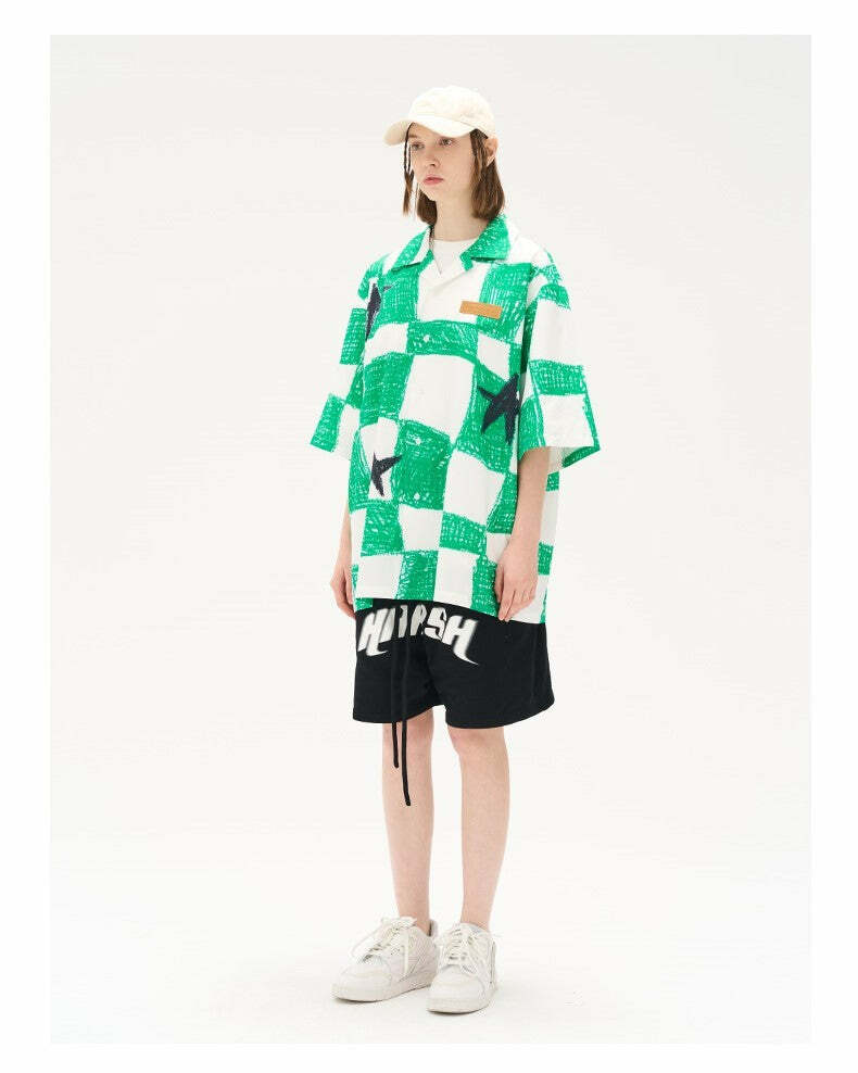 HARSH and CRUEL Checkered Button-Up - Y2K Grunge 90s Fashion, Retro Summer Outfit, Gothic Y2K Style