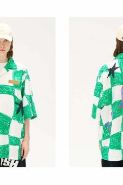 HARSH and CRUEL Checkered Button-Up - Y2K Grunge 90s Fashion, Retro Summer Outfit, Gothic Y2K Style