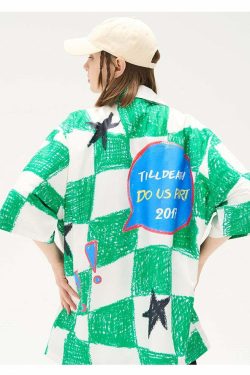 HARSH and CRUEL Checkered Button-Up - Y2K Grunge 90s Fashion, Retro Summer Outfit, Gothic Y2K Style