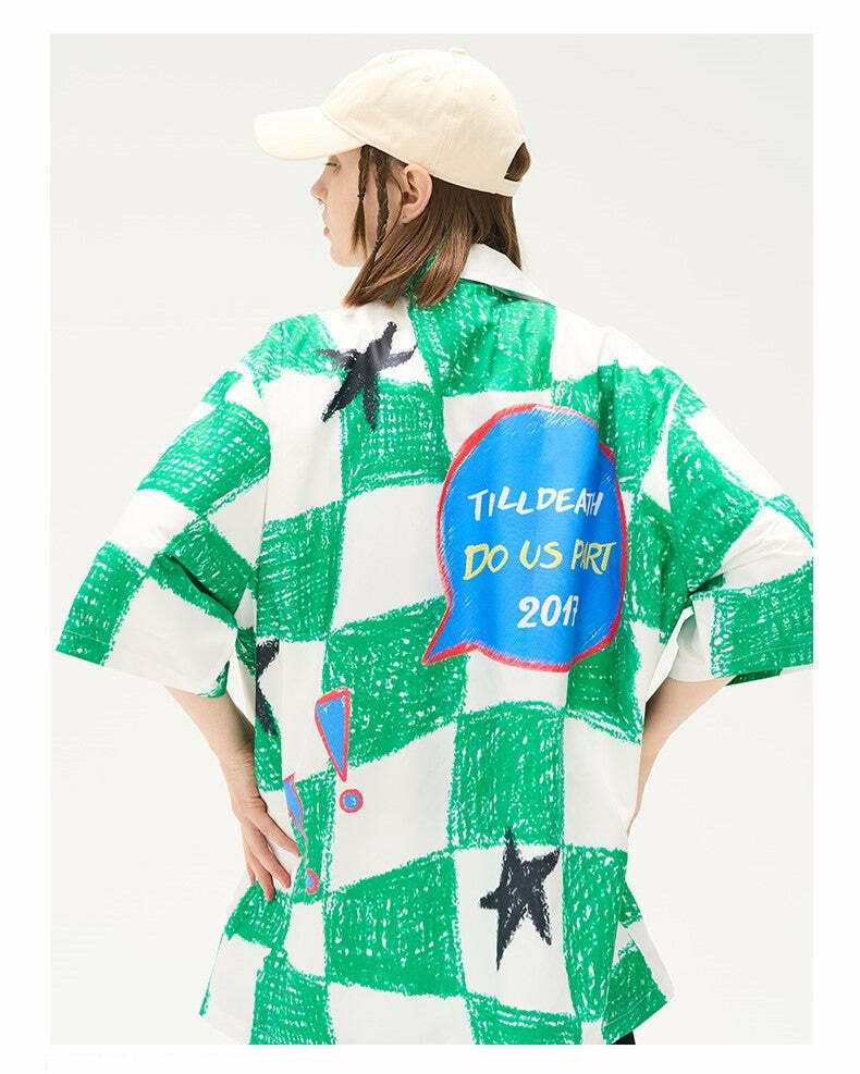 HARSH and CRUEL Checkered Button-Up - Y2K Grunge 90s Fashion, Retro Summer Outfit, Gothic Y2K Style