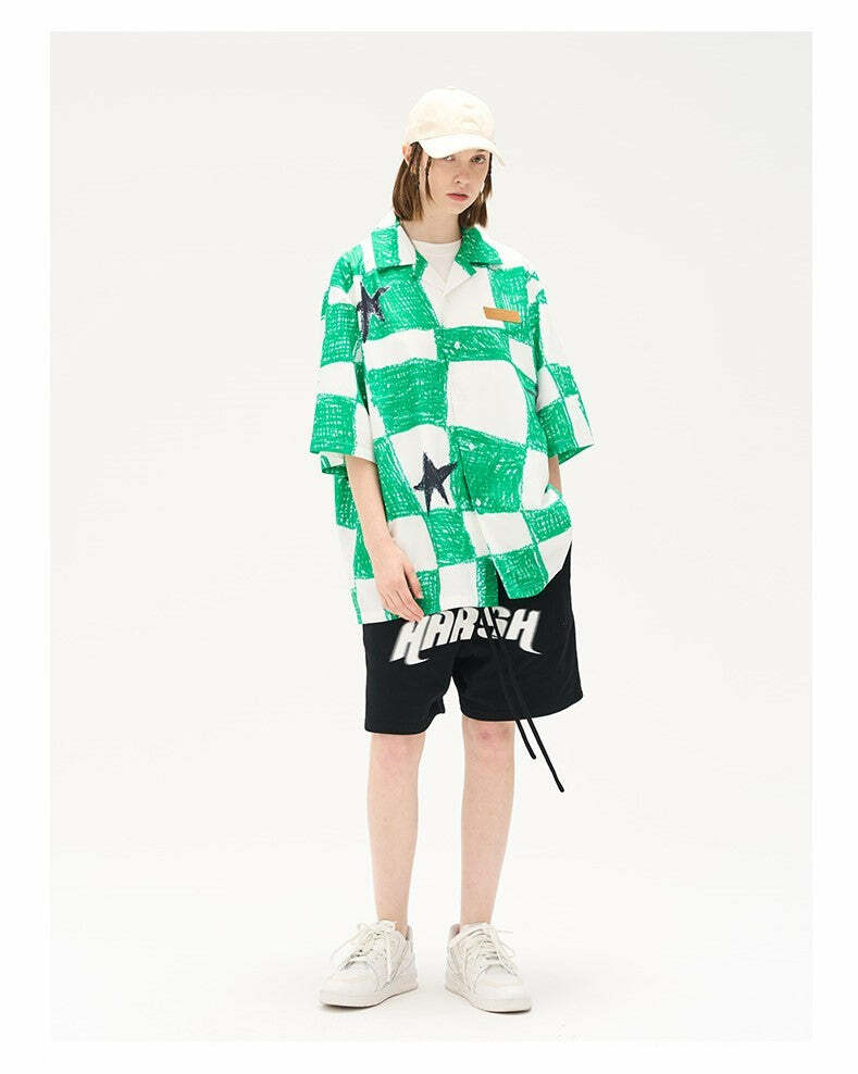 HARSH and CRUEL Checkered Button-Up - Y2K Grunge 90s Fashion, Retro Summer Outfit, Gothic Y2K Style