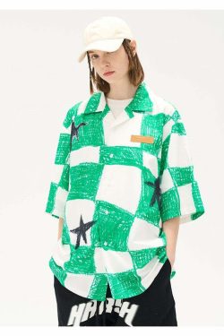 HARSH and CRUEL Checkered Button-Up - Y2K Grunge 90s Fashion, Retro Summer Outfit, Gothic Y2K Style