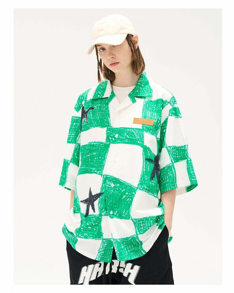 HARSH and CRUEL Checkered Button-Up - Y2K Grunge 90s Fashion, Retro Summer Outfit, Gothic Y2K Style