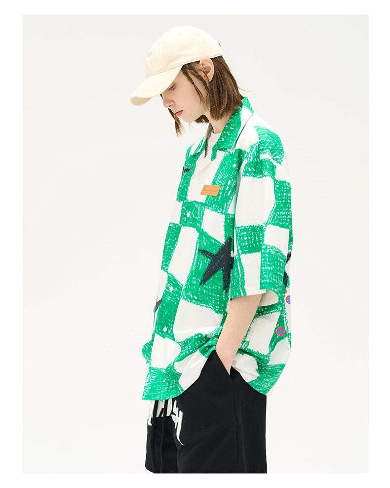 HARSH and CRUEL Checkered Button-Up - Y2K Grunge 90s Fashion, Retro Summer Outfit, Gothic Y2K Style