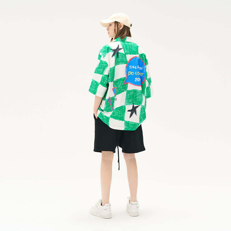 HARSH and CRUEL Checkered Button-Up - Y2K Grunge 90s Fashion, Retro Summer Outfit, Gothic Y2K Style