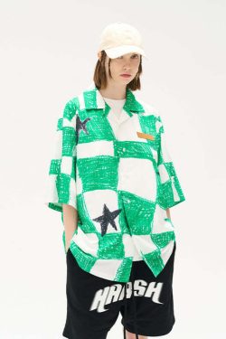 HARSH and CRUEL Checkered Button-Up - Y2K Grunge 90s Fashion, Retro Summer Outfit