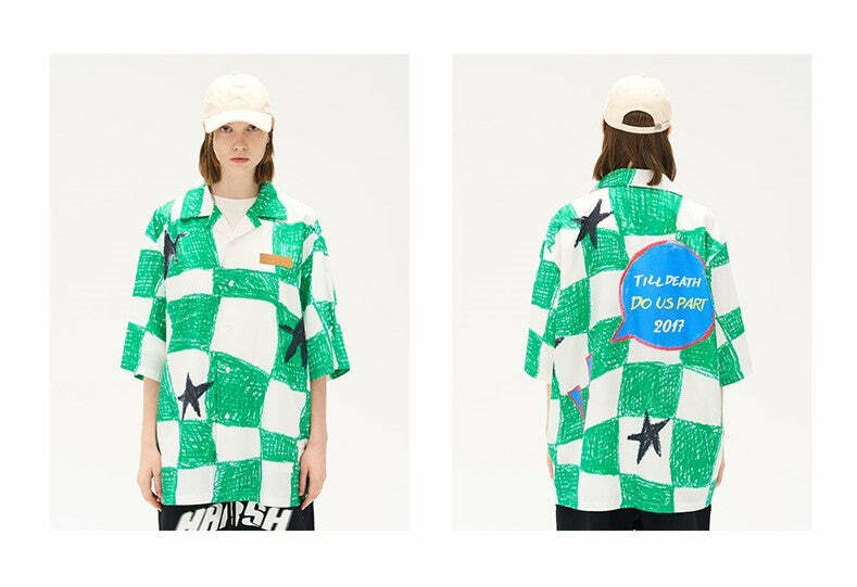 HARSH and CRUEL Checkered Button-Up - Y2K Grunge 90s Fashion, Retro Summer Outfit