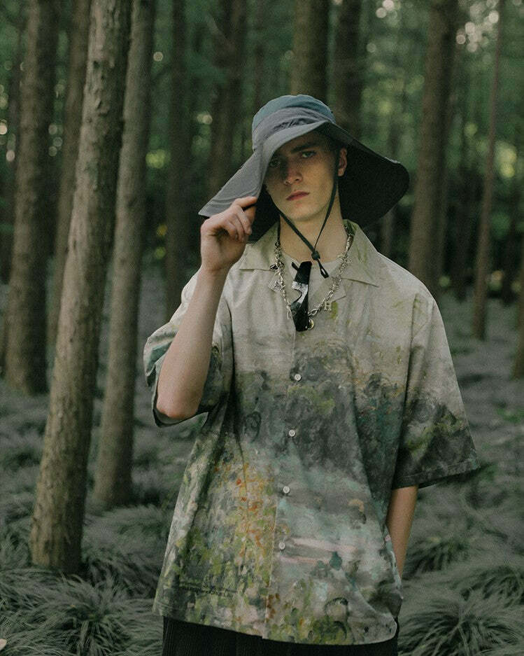 HARSH and CRUEL Painted Autumn Button-Up - Y2K Summer, 90s Fashion, Grunge, Retro, Pastel Goth
