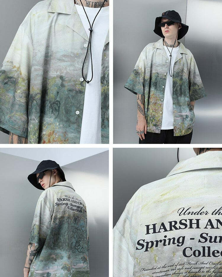 HARSH and CRUEL Painted Autumn Button-Up - Y2K Summer, 90s Fashion, Grunge, Retro, Pastel Goth
