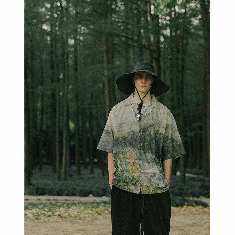 HARSH and CRUEL Painted Autumn Button-Up - Y2K Summer, 90s Fashion, Grunge, Retro, Pastel Goth