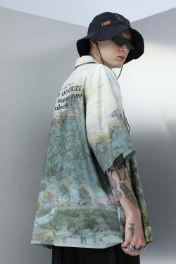 HARSH and CRUEL Painted Autumn Button-Up - Y2K Summer, 90s Fashion, Grunge, Retro, Pastel Goth