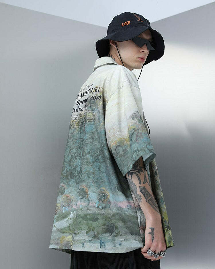 HARSH and CRUEL Painted Autumn Button-Up - Y2K Summer, 90s Fashion, Grunge, Retro, Pastel Goth