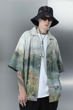 HARSH and CRUEL Painted Autumn Button-Up - Y2K Summer, 90s Fashion, Grunge, Retro, Pastel Goth