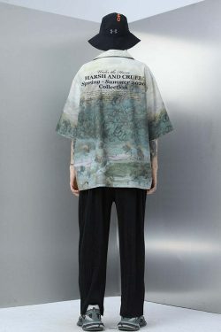 HARSH and CRUEL Painted Autumn Button-Up - Y2K Summer, 90s Fashion, Grunge, Retro, Pastel Goth