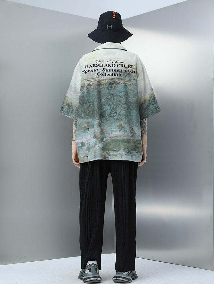 HARSH and CRUEL Painted Autumn Button-Up - Y2K Summer, 90s Fashion, Grunge, Retro, Pastel Goth