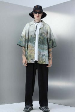 HARSH and CRUEL Painted Autumn Button-Up - Y2K Summer, 90s Fashion, Grunge, Retro, Pastel Goth