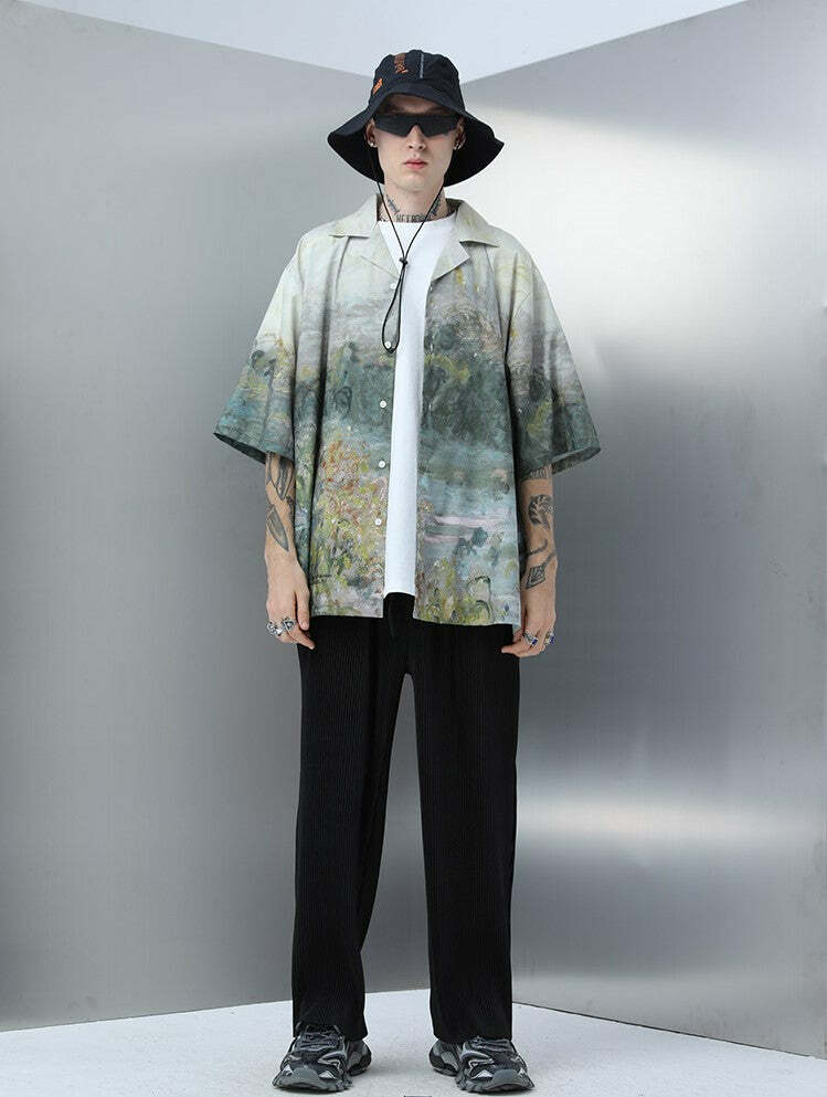 HARSH and CRUEL Painted Autumn Button-Up - Y2K Summer, 90s Fashion, Grunge, Retro, Pastel Goth