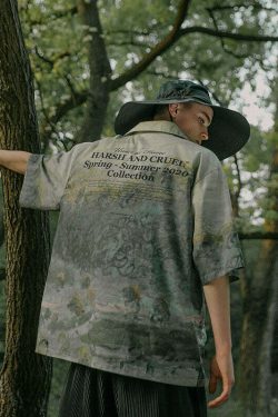 HARSH and CRUEL Painted Autumn Button-Up - Y2K Summer, 90s Fashion, Grunge, Retro, Pastel Goth