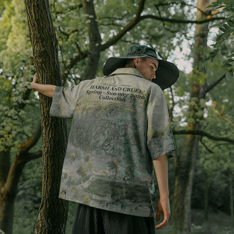 HARSH and CRUEL Painted Autumn Button-Up - Y2K Summer, 90s Fashion, Grunge, Retro, Pastel Goth
