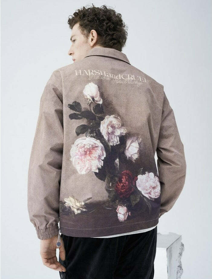 HARSH and CRUEL Painted Flowers Windbreaker Jacket - Y2K Summer, 90s Fashion, Grunge, Retro Style