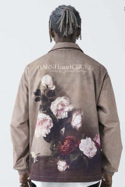 HARSH and CRUEL Painted Flowers Windbreaker Jacket - Y2K Summer, 90s Grunge, Retro Style