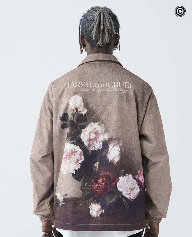 HARSH and CRUEL Painted Flowers Windbreaker Jacket - Y2K Summer, 90s Grunge, Retro Style