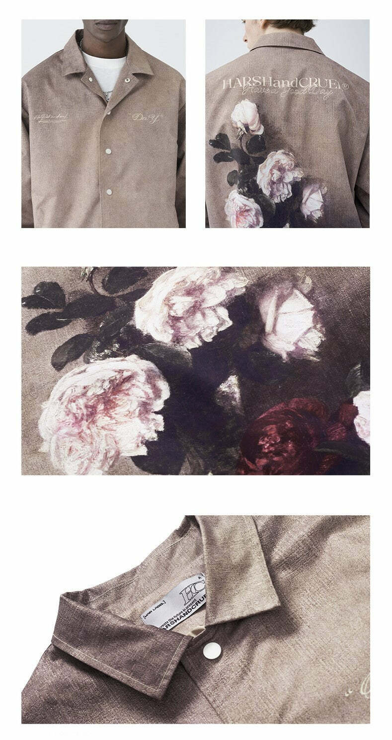 HARSH and CRUEL Painted Flowers Windbreaker Jacket - Y2K Summer, 90s Grunge, Retro Style