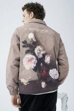 HARSH and CRUEL Painted Flowers Windbreaker Jacket - Y2K Summer, 90s Grunge, Retro Style