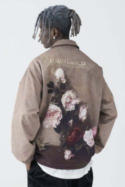 HARSH and CRUEL Painted Flowers Windbreaker Jacket - Y2K Summer, 90s Grunge, Retro Style