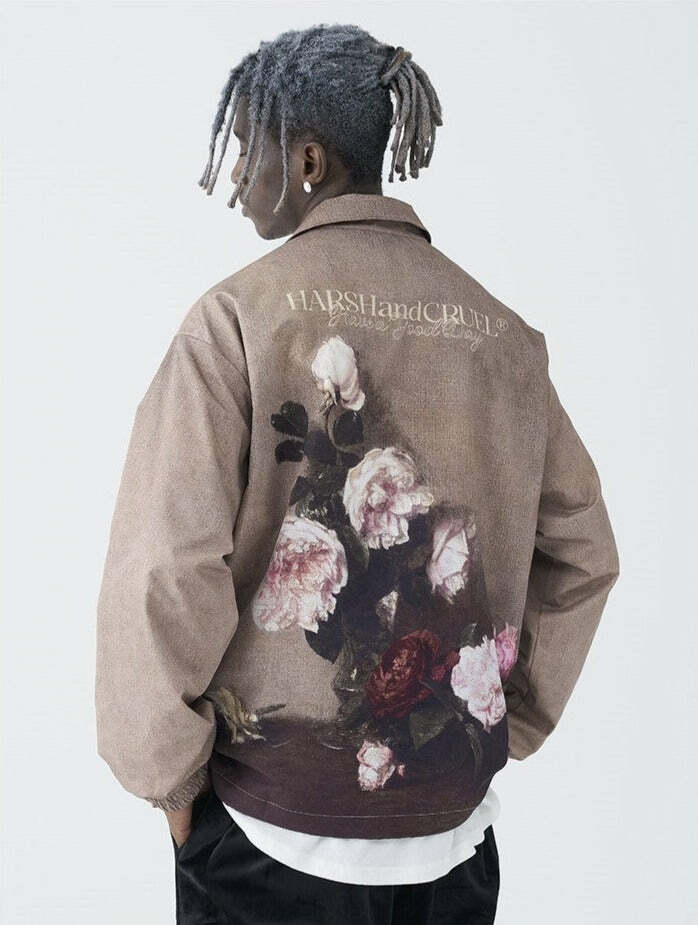 HARSH and CRUEL Painted Flowers Windbreaker Jacket - Y2K Summer, 90s Grunge, Retro Style