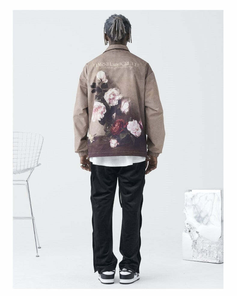 HARSH and CRUEL Painted Flowers Windbreaker Jacket - Y2K Summer, 90s Grunge, Retro Style