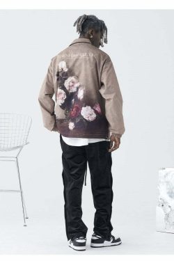 HARSH and CRUEL Painted Flowers Windbreaker Jacket - Y2K Summer, 90s Grunge, Retro Style