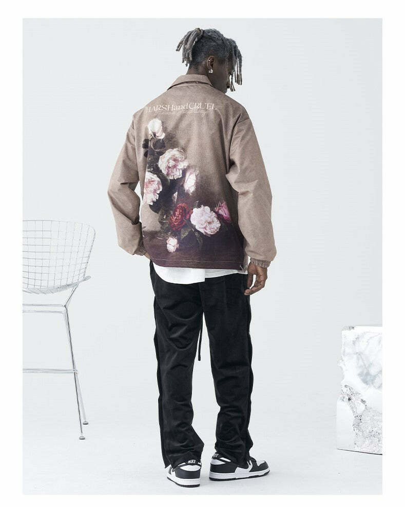 HARSH and CRUEL Painted Flowers Windbreaker Jacket - Y2K Summer, 90s Grunge, Retro Style