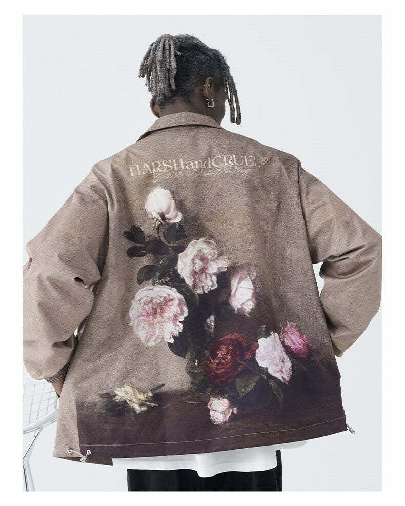 HARSH and CRUEL Painted Flowers Windbreaker Jacket - Y2K Summer, 90s Grunge, Retro Style