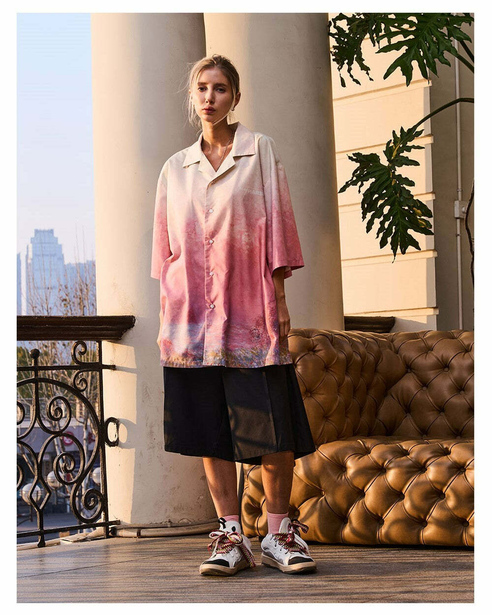 HARSH and CRUEL Painted Sunset Button-Up - Y2K Summer Grunge 90s Retro Fashion for Women