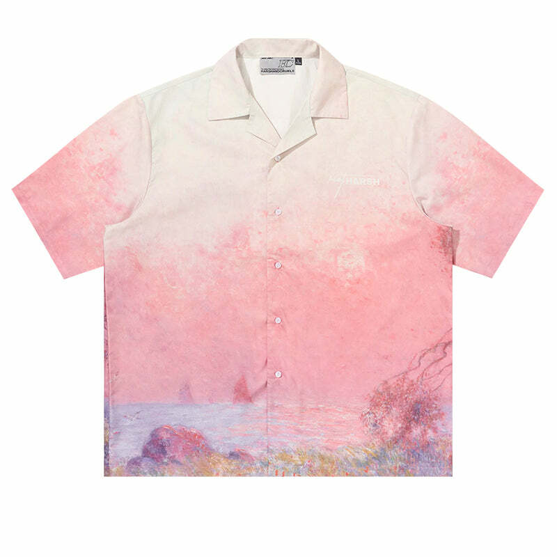HARSH and CRUEL Painted Sunset Button-Up - Y2K Summer Grunge 90s Retro Fashion for Women
