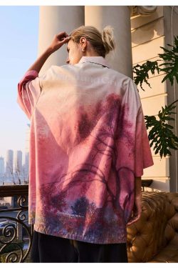 HARSH and CRUEL Painted Sunset Button-Up - Y2K Summer Grunge 90s Retro Fashion for Women