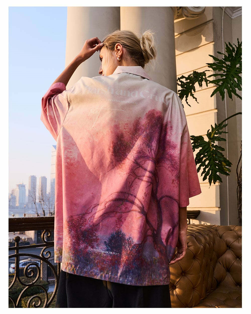 HARSH and CRUEL Painted Sunset Button-Up - Y2K Summer Grunge 90s Retro Fashion for Women