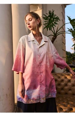 HARSH and CRUEL Painted Sunset Button-Up - Y2K Summer Grunge 90s Retro Fashion for Women
