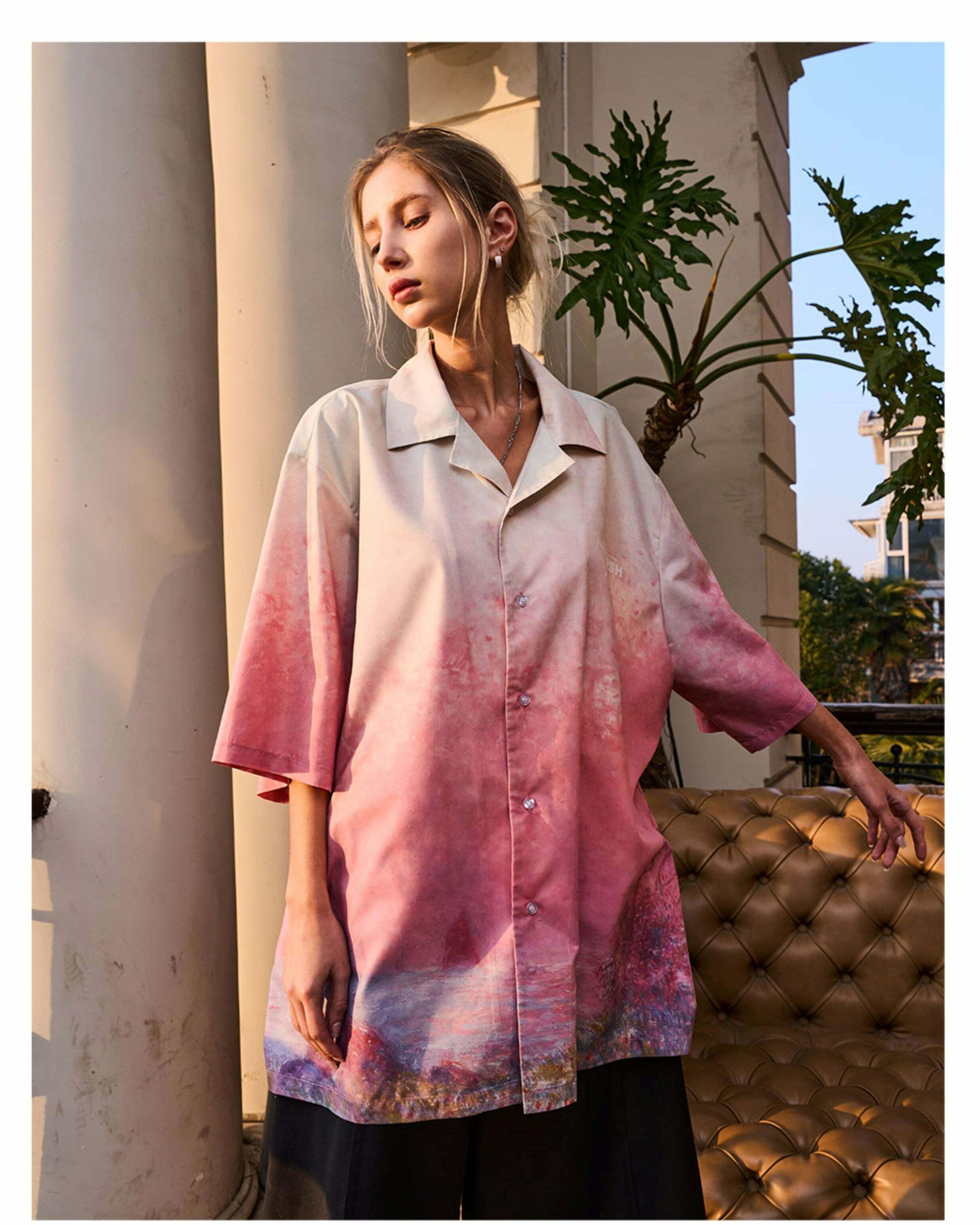 HARSH and CRUEL Painted Sunset Button-Up - Y2K Summer Grunge 90s Retro Fashion for Women