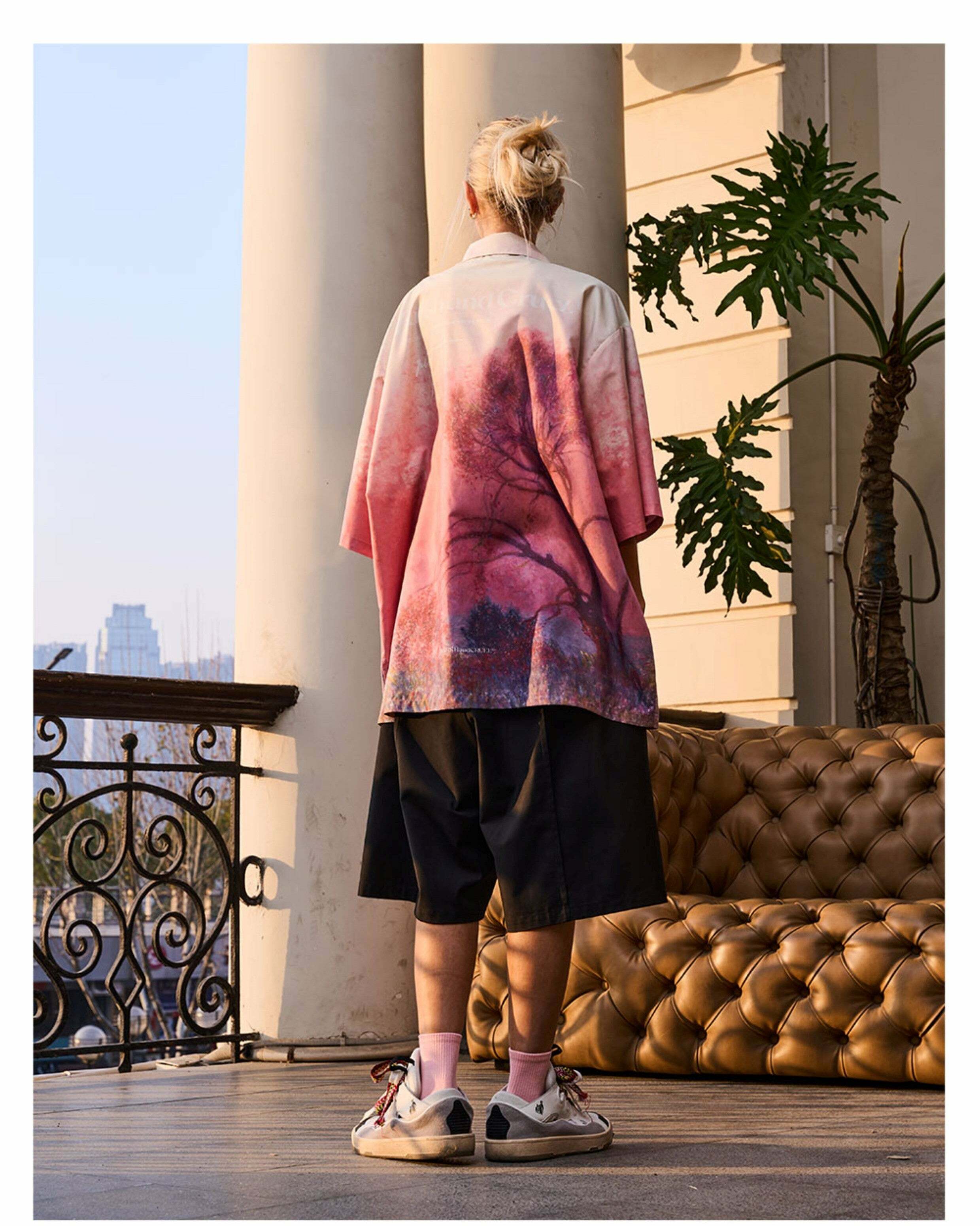 HARSH and CRUEL Painted Sunset Button-Up - Y2K Summer Grunge 90s Retro Fashion for Women
