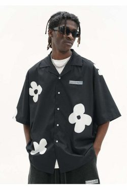 HARSH and CRUEL Solitary Flower Button-Up - Y2K Summer Grunge 90s Retro Fashion Top