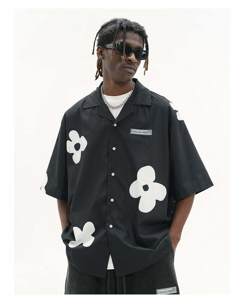 HARSH and CRUEL Solitary Flower Button-Up - Y2K Summer Grunge 90s Retro Fashion Top