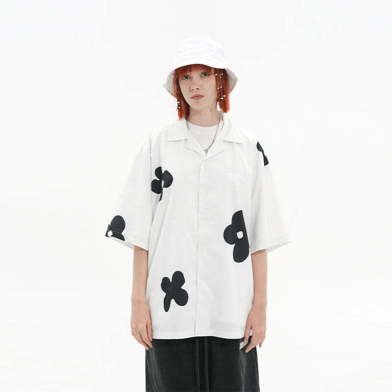 HARSH and CRUEL Solitary Flower Button-Up - Y2K Summer Grunge 90s Retro Fashion Top