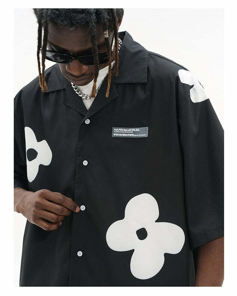 HARSH and CRUEL Solitary Flower Button-Up - Y2K Summer Grunge 90s Retro Fashion Top