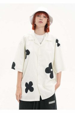 HARSH and CRUEL Solitary Flower Button-Up - Y2K Summer Grunge 90s Retro Fashion Top